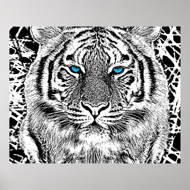 Poster Graphique de tigre noir et blanc aux yeux bleus (Devant)