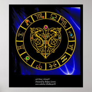 POSTER GRAPHIQUE D'OR ZODIAC, COEUR ASTRAL, NOEUDS CELTIQ