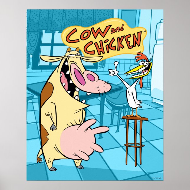 Poster Graphique souriant de vache et de poulet (Devant)
