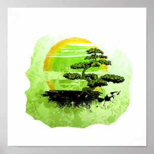 Poster Graphique vintage de bonsaïs, version verte