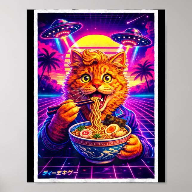 Poster Graphisme rétro synthwave 80s mème de chat ramen U (Devant)