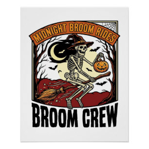 Poster Graphisme sorcière squelette vintage balais Hallow