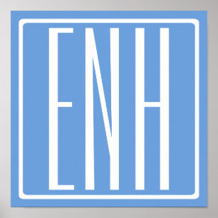 Poster Gras moderne 3 initiales Monogramme   Bleu doux