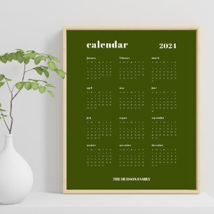 Poster Gras simple Calendrier Olive Green & White 2024