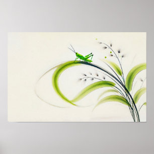 Poster Grasshopper chinois d'encre sur l'herbe