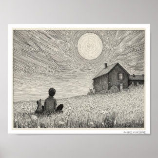 POSTER GRAVURE D'UN GARÇON ET SON CHIEN DANS UN CHAMP