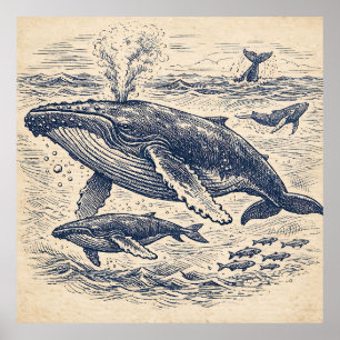 Poster Gravure vintage de groupe de baleines à bosse