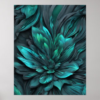 POSTER GRAY FLEURS TURQUOISES