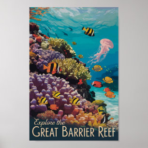 Poster Great Barrie Reef Queensland Travel Art Vintage