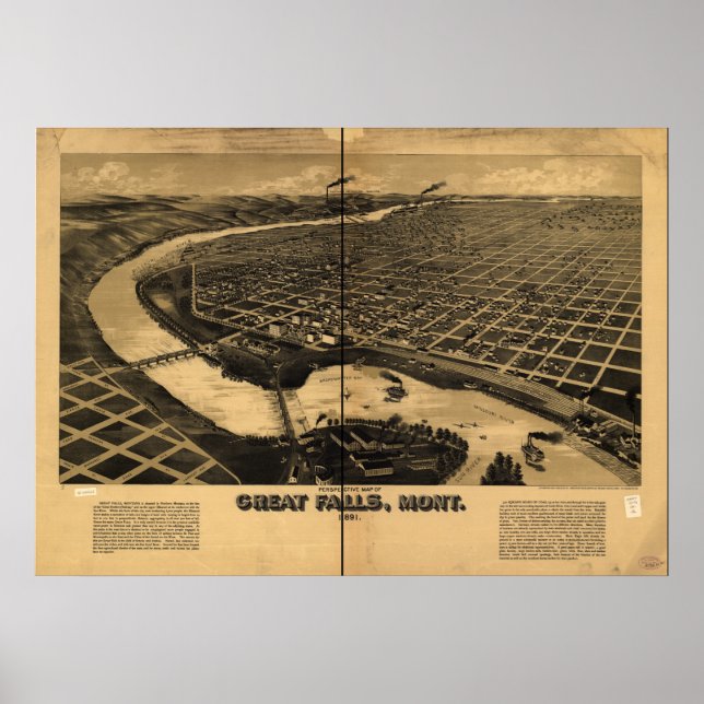 Poster Great Falls Montana 1891 Carte panoramique antique (Devant)