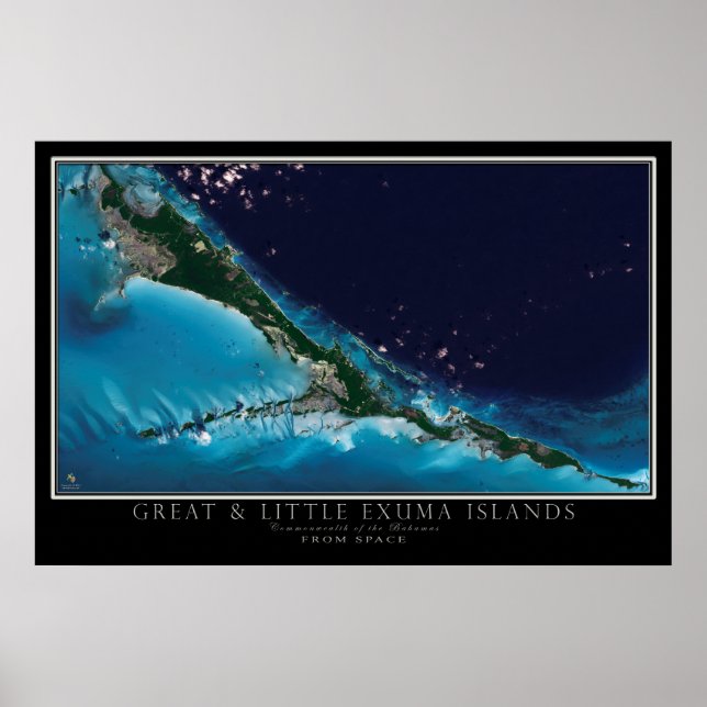 Poster Great & Little Exuma Islands Bahamas Carte satelli (Devant)