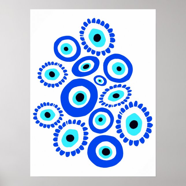 Poster Grec Evil Eye Bleu et Blanc Graphique (Devant)