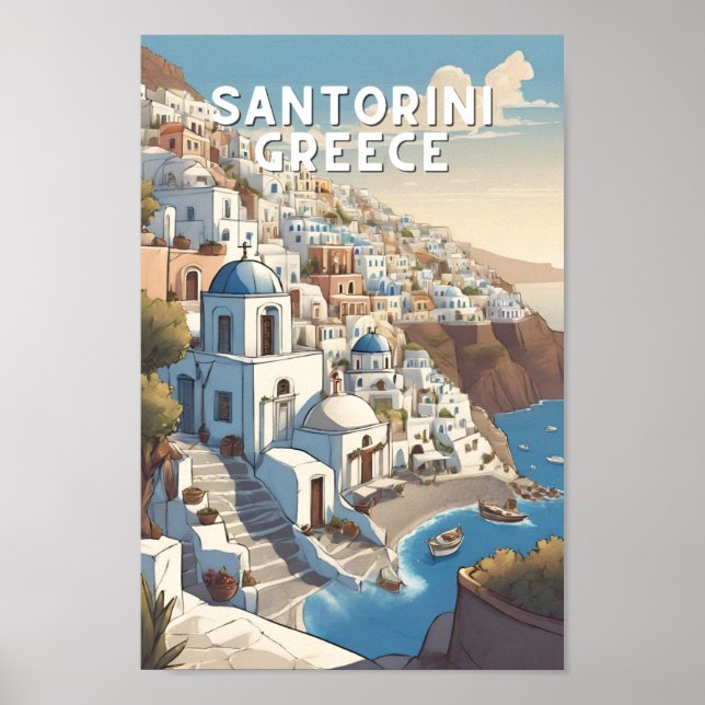 Poster Grec Santorin île grecque vinatte Voyage bleu (Devant)