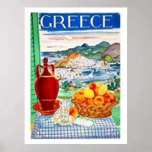 Poster Grèce, fruits sur la table, vue paysage par la fen