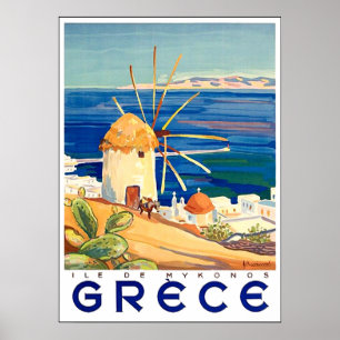 Poster Grèce, île de Mykonos, moulin à vent en bord de me