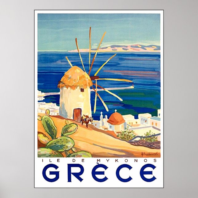 Poster Grèce, île de Mykonos, moulin à vent en bord de me (Devant)