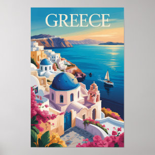 Poster Grèce Illustration de voyage d'art vintage Santori