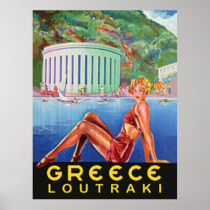 Poster Grèce, Loutraki, fille sur la plage, vintage