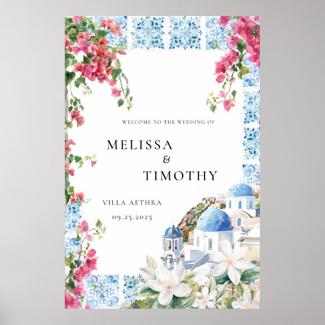 Poster Grèce Méditerranée Carrelage Floral Mariage Bienve (Devant)
