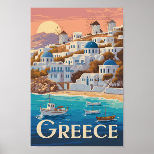 Poster Grèce Mykonos Illustration Voyage Art Vintage