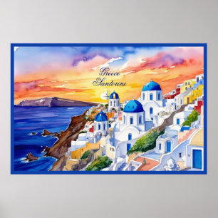 Poster Grèce Santorini Aquarelle Croquis mer Egée
