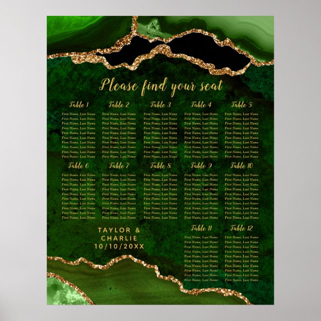 Poster Green and Gold Agate Wedding Seating Chart (Devant)
