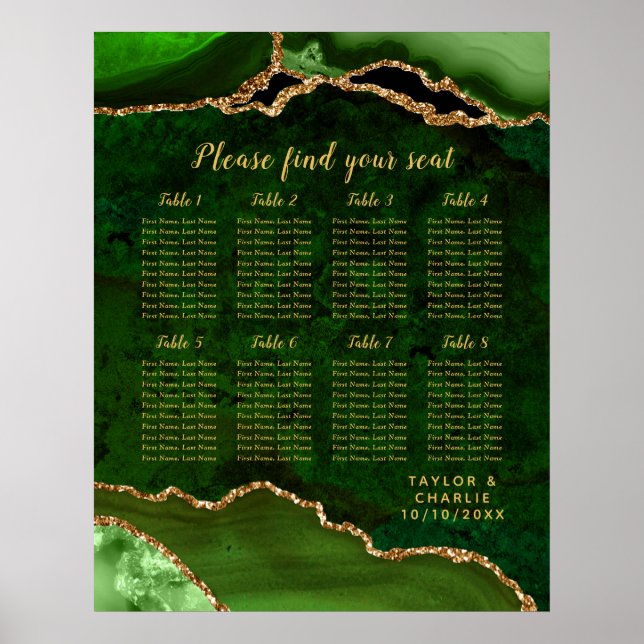 Poster Green and Gold Agate Wedding Seating Chart (Devant)
