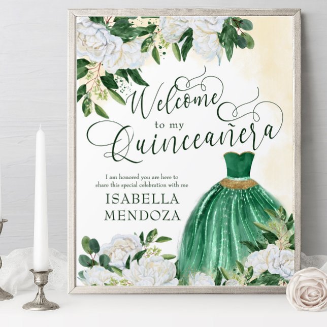 Poster Green and Gold Princess Gown Quinceanera Bienvenue (Quinceanera welcome poster with princess gown from my Emerald Greenery & White Peony collection)
