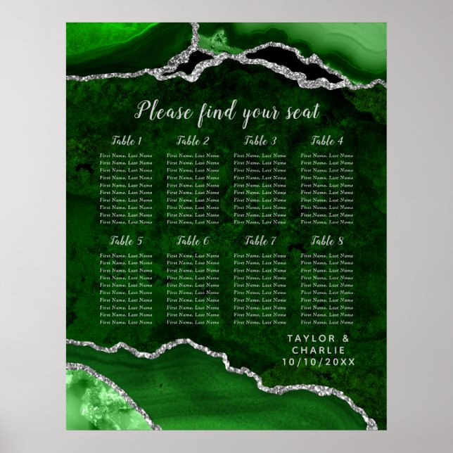 Poster Green and Silver Agate Wedding Seating Chart (Devant)