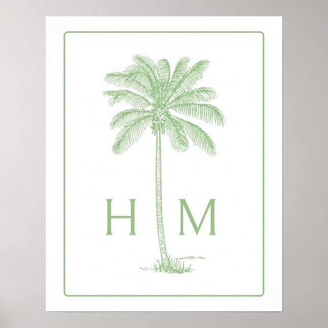 Poster Green and White Palm Palmetto Tree Monogram (Devant)