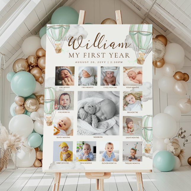 Poster Green Beary First Birthday Photo Timeline (Créateur téléchargé)