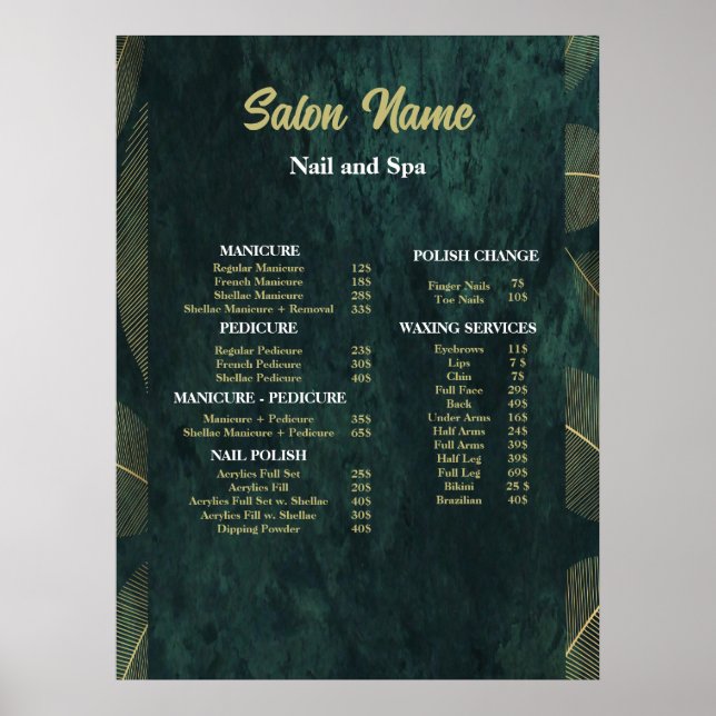 Poster Green Beauty Nail Salon Prix du menu (Devant)