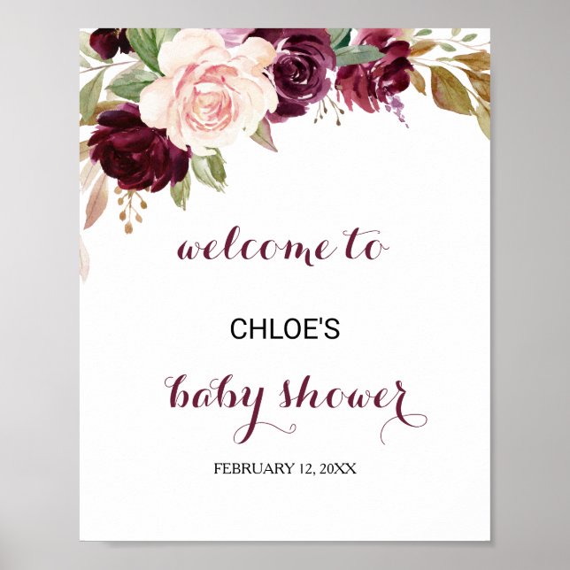 Poster Green Blush Bourgogne Baby shower Floral Bienvenue (Devant)