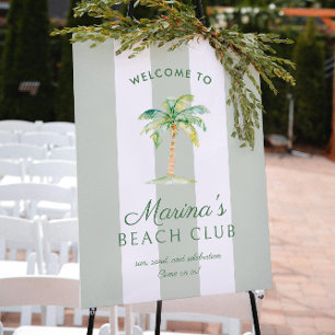 Poster Green Cabana Stripes Palm Beach Club Bienvenue