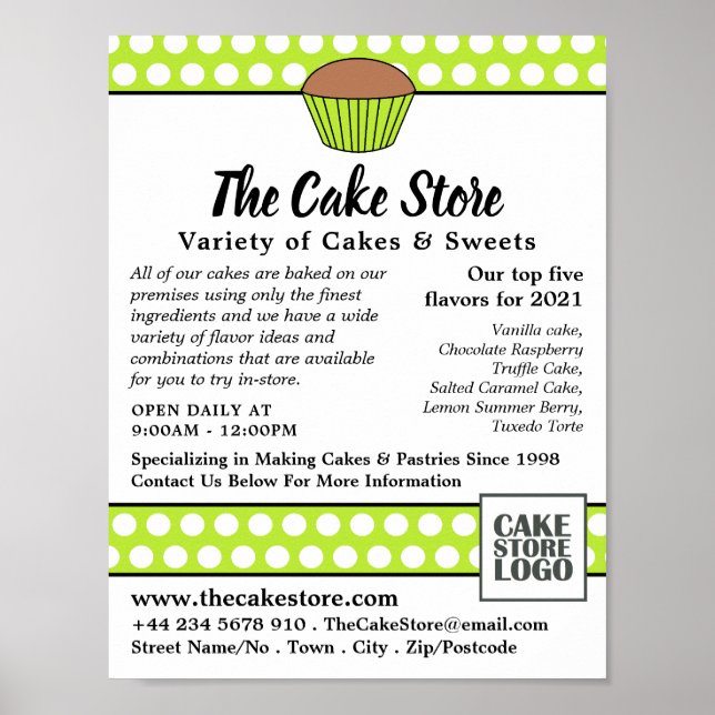 Poster Green Cupcake & Polka Dot, Cake Store Publicité (Devant)