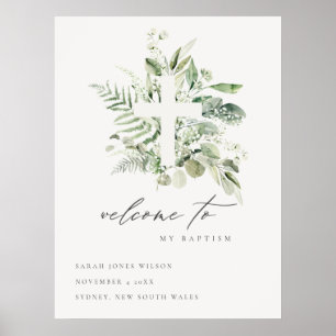 Poster Green Eucalyptus Fern Fauna Croix Baptême Bienvenu