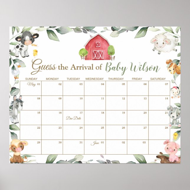 Poster Green Farm Animals Guess Baby's due Date de Jeu (Devant)