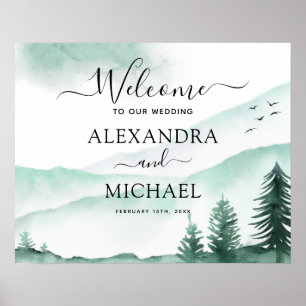 Poster Green Forest Mountain Rustic Watercolor Mariage