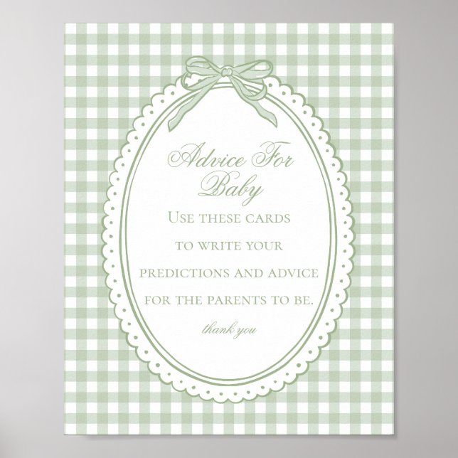 Poster Green Gingham Coquette Bow Advice for Baby Shower (Devant)