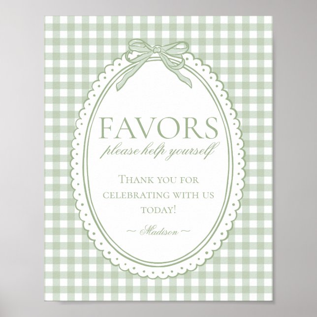 Poster Green Gingham Coquette Bow Favors Sign (Devant)