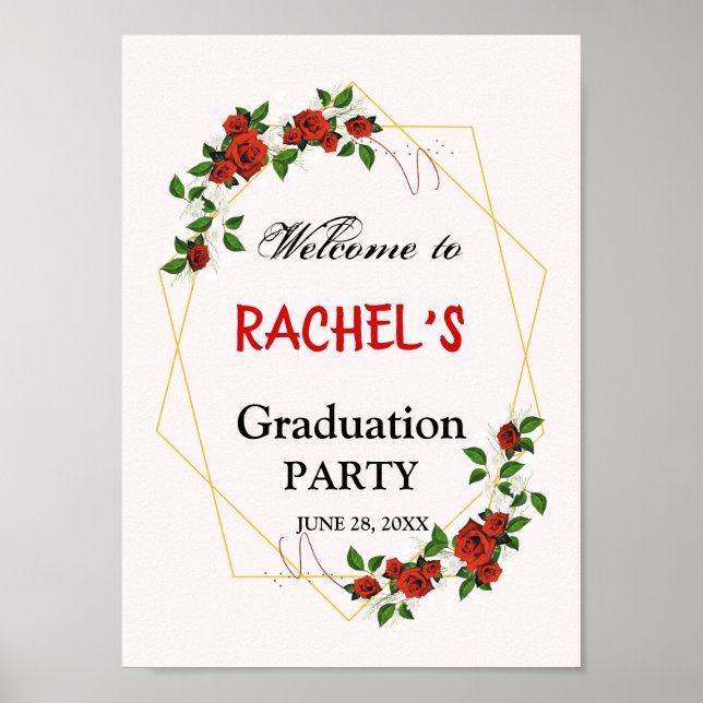 Poster Green Gold Floral Graduation Party Bienvenue (Devant)