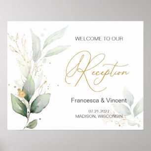 Poster Green & gold foliage Reception Welcome sign