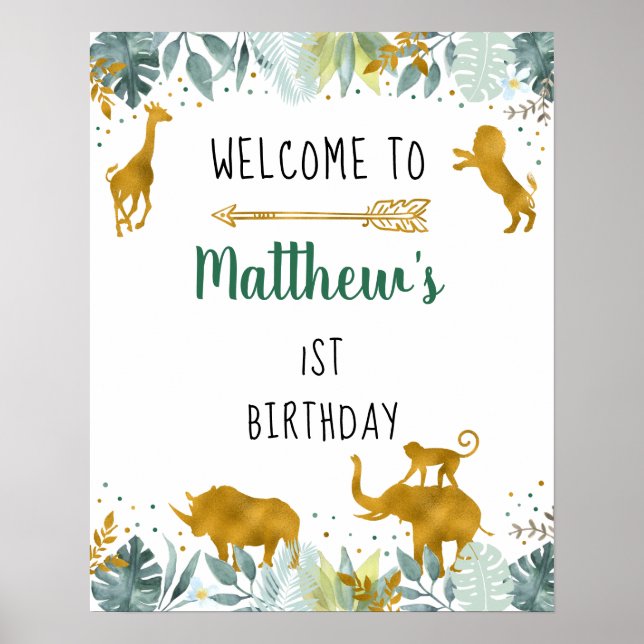 Poster Green Gold Safari Animal Birthday Welcome (Devant)