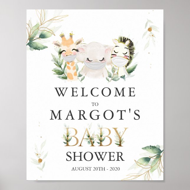 Poster Green Gold Safari Animaux Conduite Par Baby shower (Devant)