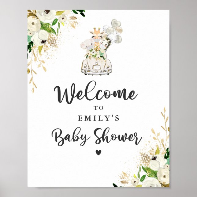 Poster Green Gold Safari Animaux Conduite Par Baby shower (Devant)
