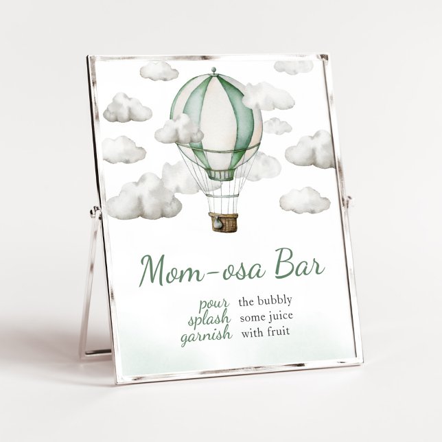 Poster Green Hot Air Ballotte Baby shower Maman Osa Bar (Gender Neutral Travel Baby Shower Mom Osa Bar Sign)