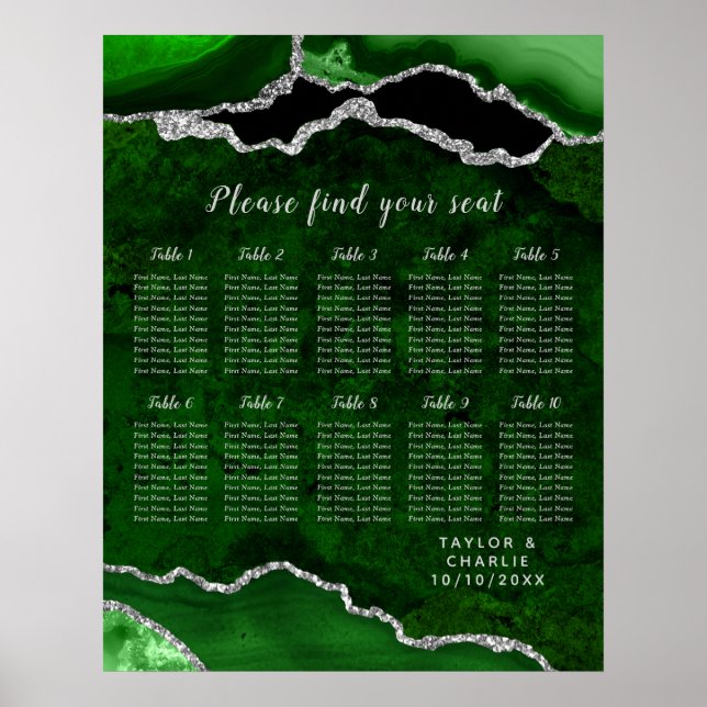 Poster Green Silver Agate Wedding Seating Chart 12 Table (Devant)