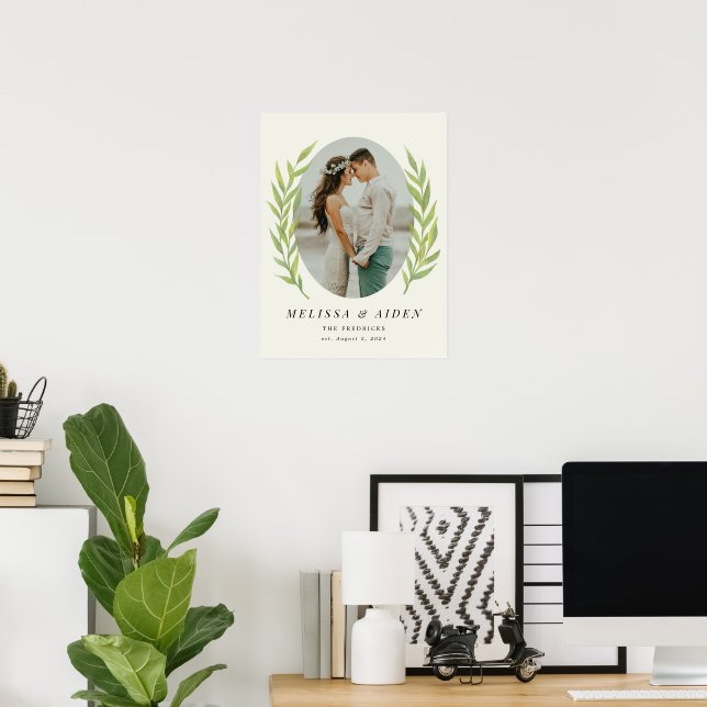 Poster Green Simple Branch Oval Mariage Photo établie (Bureau à domicile)
