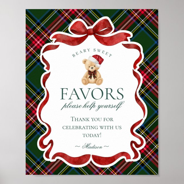 Poster Green Tartan Plaid Christmas Bear Party Favor Sign (Devant)