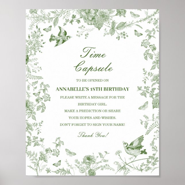 Poster Green Toile Floral Time Capsule Baby Jeu d'anniver (Devant)